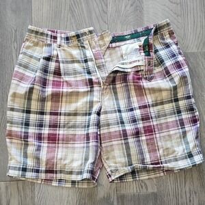 Vtg 90s Dockers Plaid Pleated Golf Shorts Burgundy Tan Navy Mens 36 Made in USA